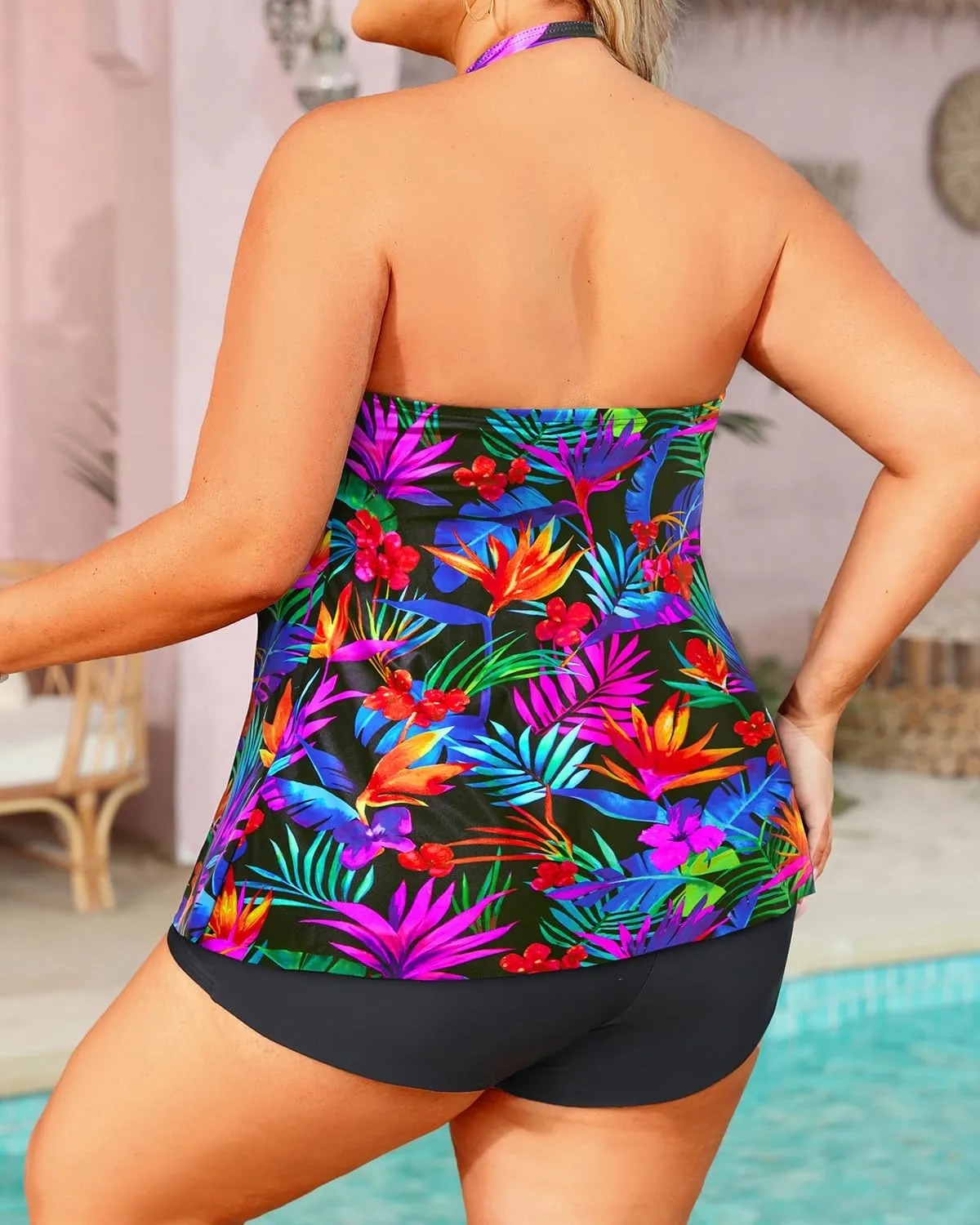 Daci Plus Size Bandeau Tankini Swimsuit for Women 2 Piece Halter Swim Top with Shorts Tummy Control Bathing Suits