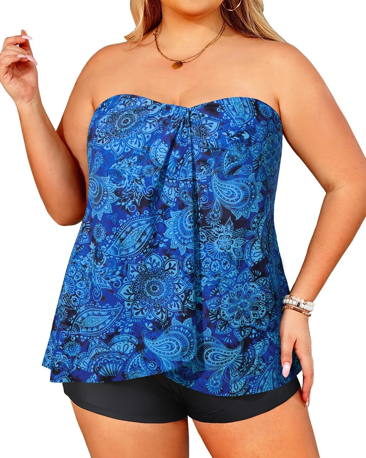 Daci Plus Size Bandeau Tankini Swimsuit for Women 2 Piece Halter Swim Top with Shorts Tummy Control Bathing Suits