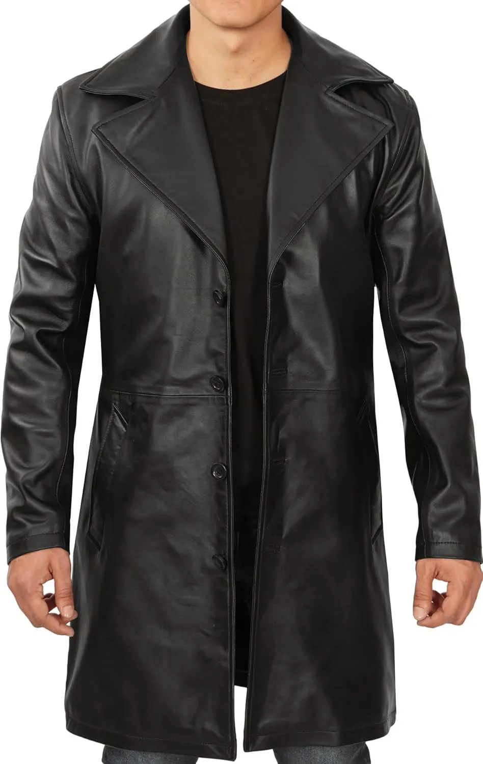 Decrum Leather Coat Men - Car Coat Style Fashion Long Leather Jacket Men