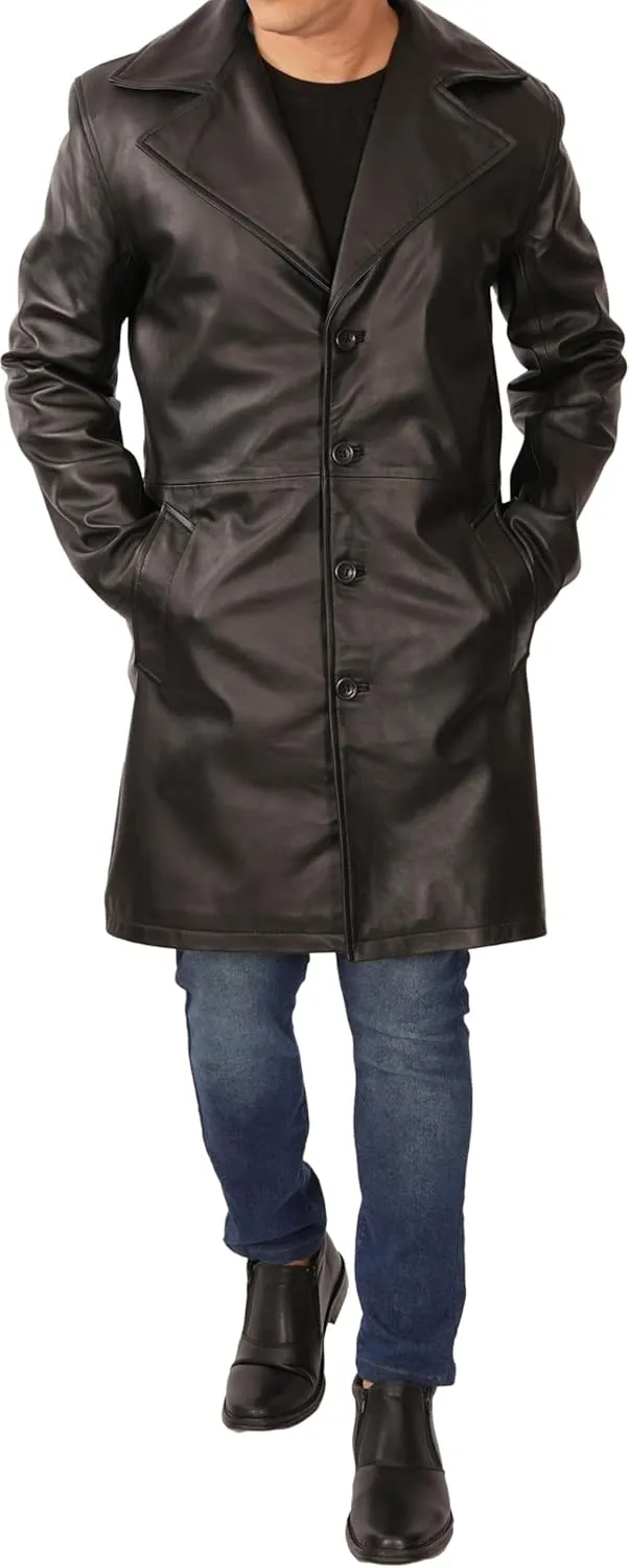 Decrum Leather Coat Men - Car Coat Style Fashion Long Leather Jacket Men