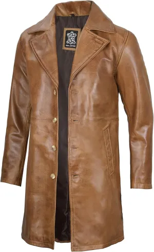 Decrum Leather Coat Men - Car Coat Style Fashion Long Leather Jacket Men
