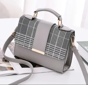 Designer Handbag with Houndstooth Pattern, Faux Leather Trim, Top Handle, Crossbody Strap