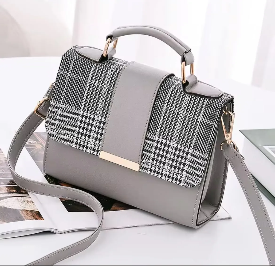 Designer Handbag with Houndstooth Pattern, Faux Leather Trim, Top Handle, Crossbody Strap