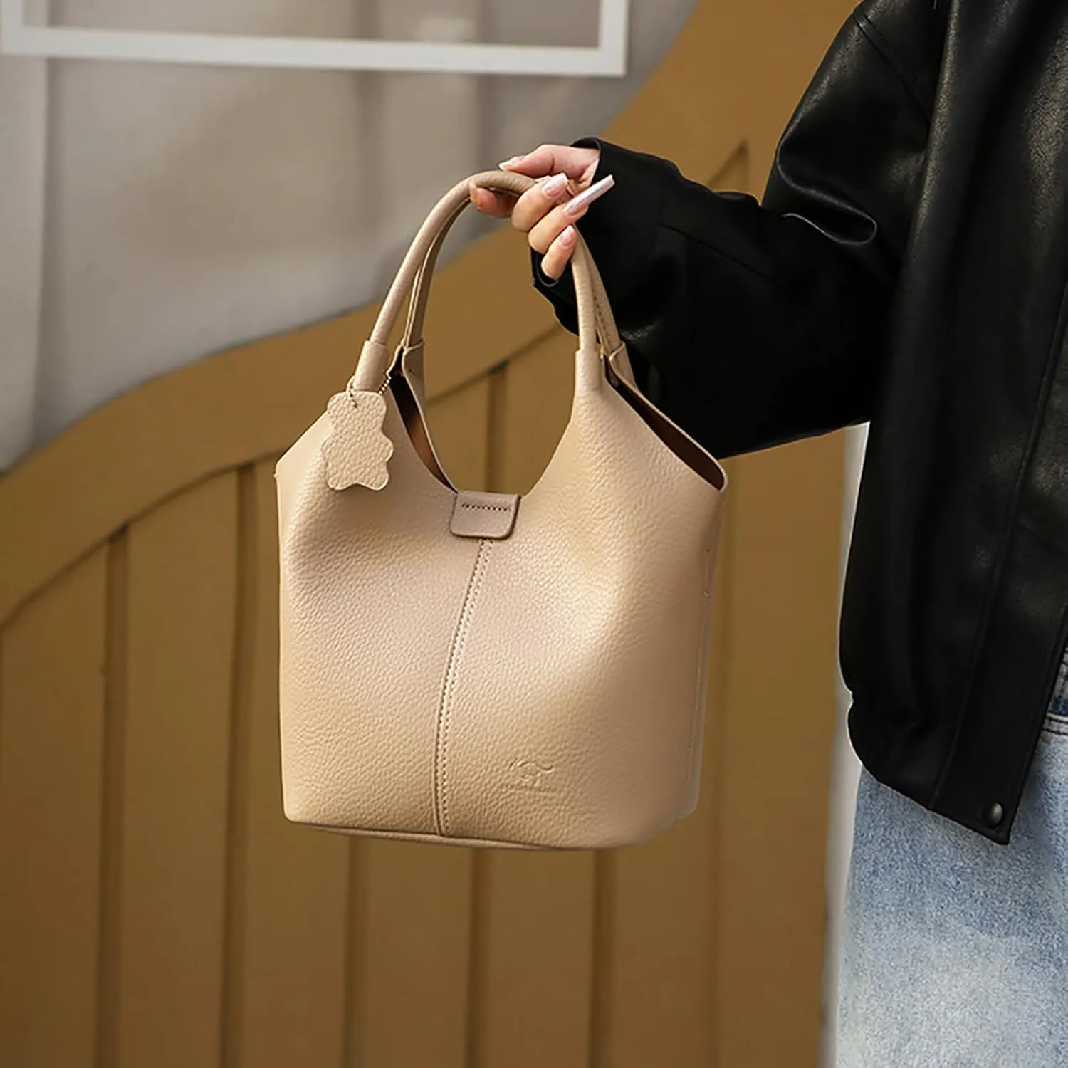 Designer Real Genuine Leather Bucket Handbag For Women Crossbody Bags With Shoulder Strap For Women