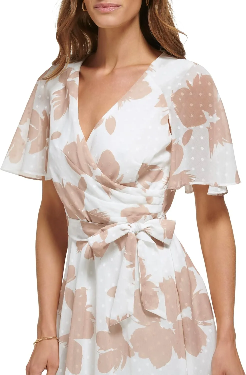 DKNY womens Fit and Flare Cape Sleeve V Neck Dress