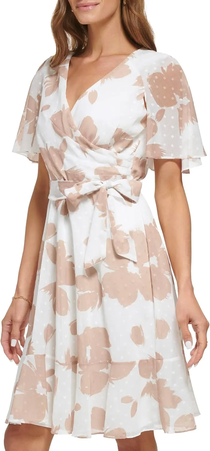 DKNY womens Fit and Flare Cape Sleeve V Neck Dress