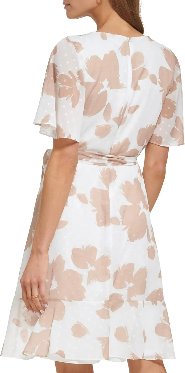 DKNY womens Fit and Flare Cape Sleeve V Neck Dress