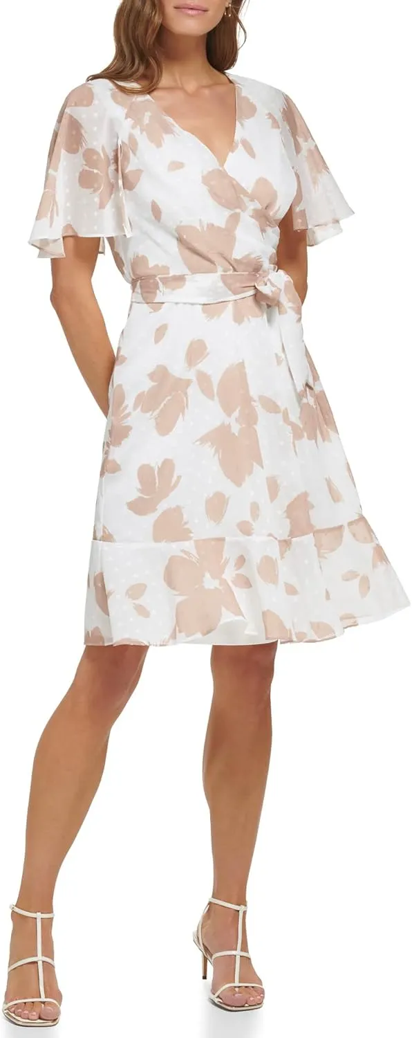 DKNY womens Fit and Flare Cape Sleeve V Neck Dress