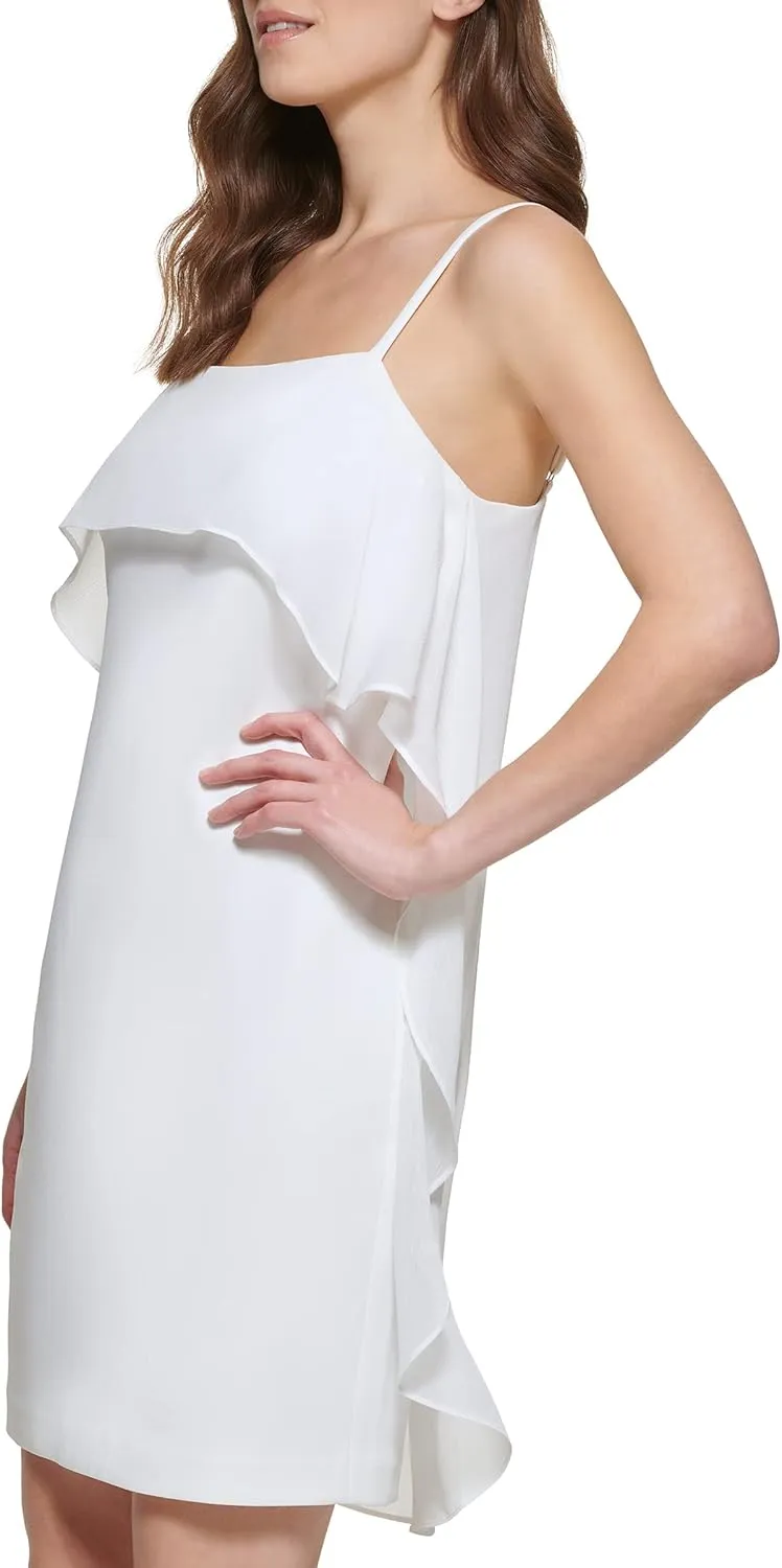 DKNY womens Sleeveless Square Neck Ruffle Mini Dress