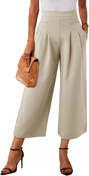 Dokotoo Womens Wide Leg Cropped Suit Pants Work Business Palazzo Summer Pleated Waisted Side Zipper Up Trousers with Pockets