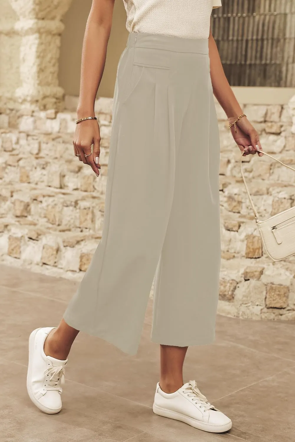 Dokotoo Womens Wide Leg Cropped Suit Pants Work Business Palazzo Summer Pleated Waisted Side Zipper Up Trousers with Pockets