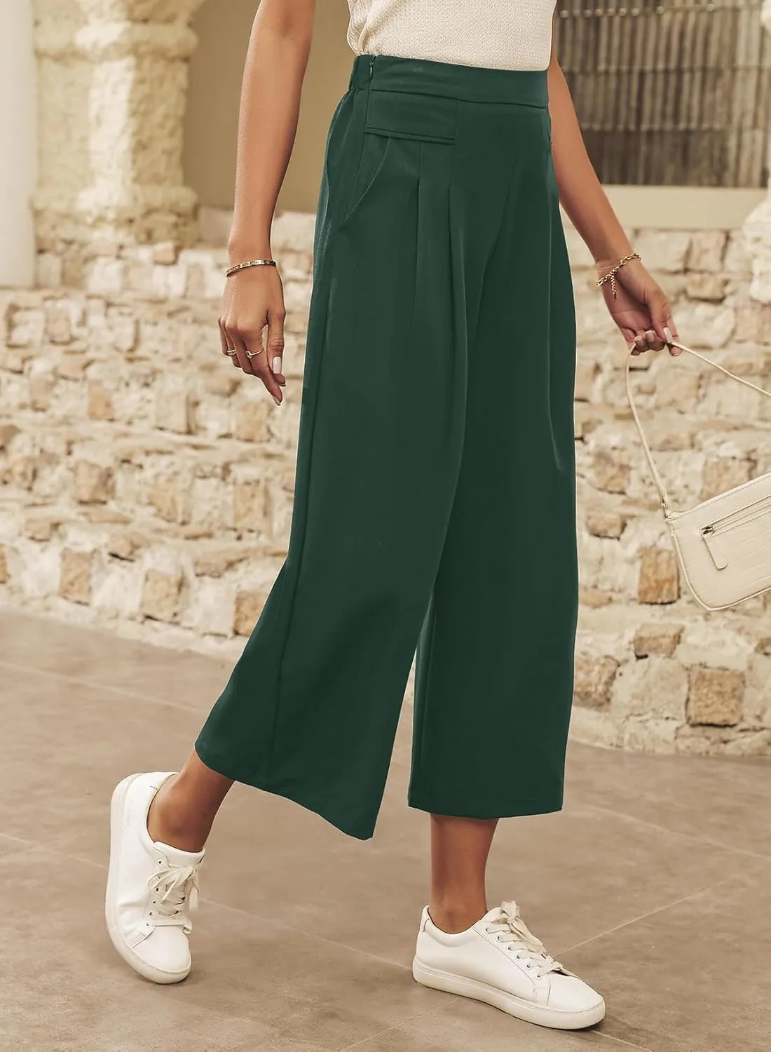 Dokotoo Womens Wide Leg Cropped Suit Pants Work Business Palazzo Summer Pleated Waisted Side Zipper Up Trousers with Pockets