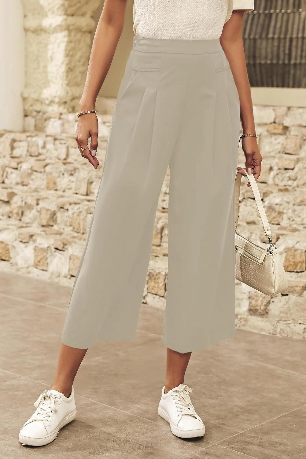 Dokotoo Womens Wide Leg Cropped Suit Pants Work Business Palazzo Summer Pleated Waisted Side Zipper Up Trousers with Pockets