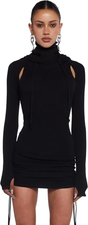 Dolls Kill Compression Ruched Mini Dress by Darker WAVS  Stretchy Hooded Mini Dress with Racerback Cut-Out & Adjustable Ties