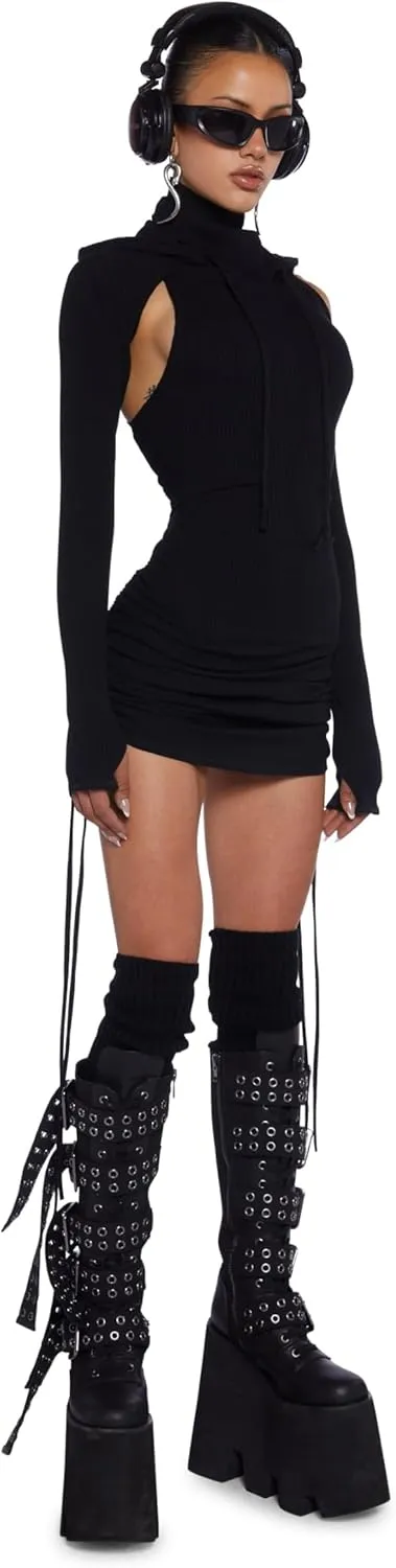Dolls Kill Compression Ruched Mini Dress by Darker WAVS  Stretchy Hooded Mini Dress with Racerback Cut-Out & Adjustable Ties