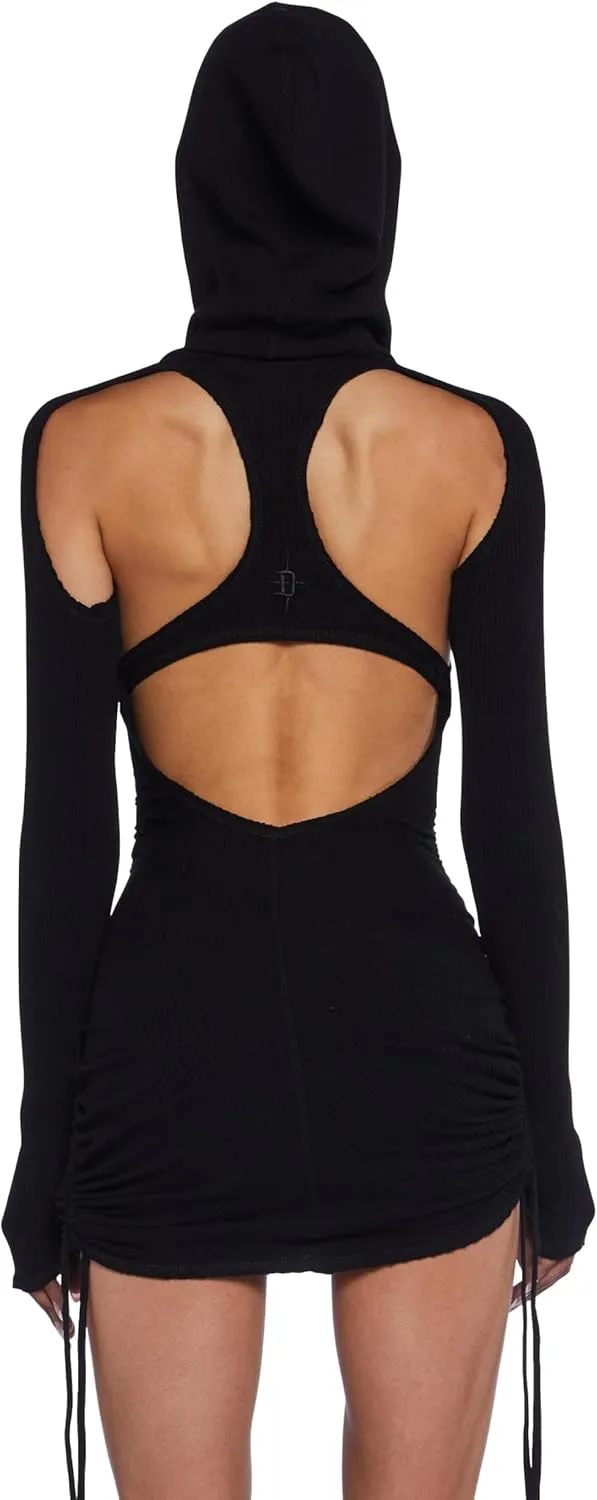 Dolls Kill Compression Ruched Mini Dress by Darker WAVS  Stretchy Hooded Mini Dress with Racerback Cut-Out & Adjustable Ties
