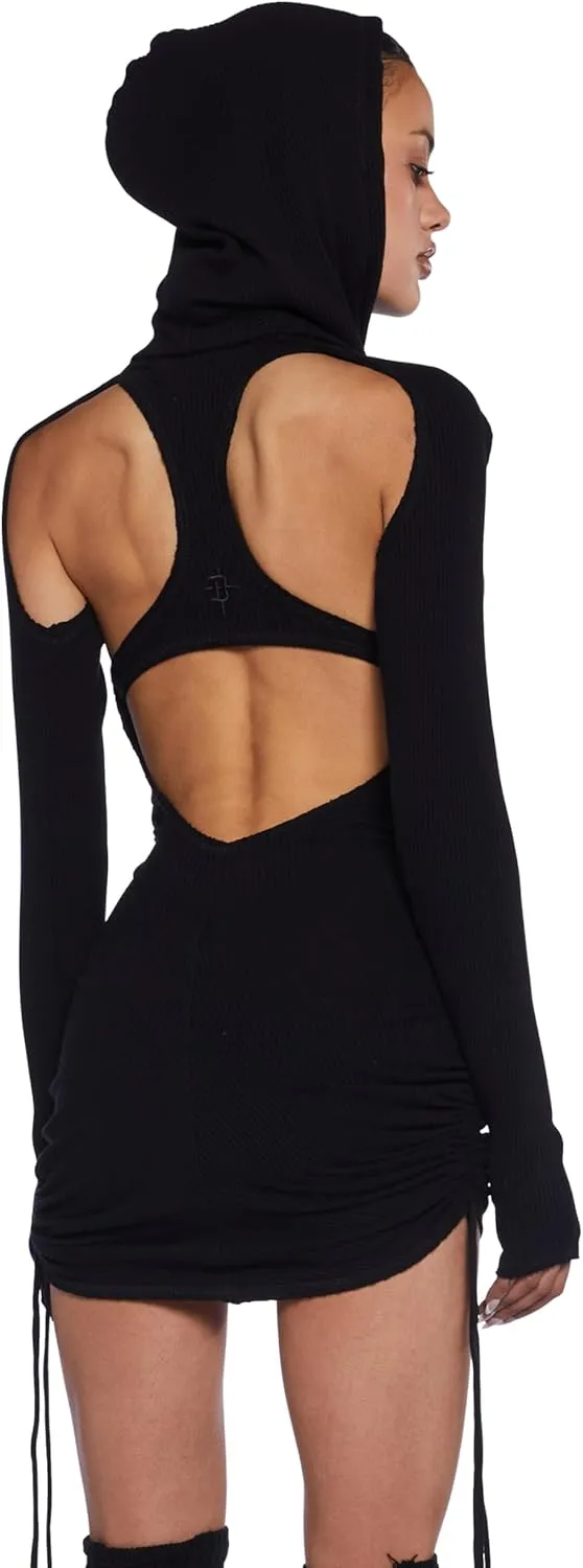 Dolls Kill Compression Ruched Mini Dress by Darker WAVS  Stretchy Hooded Mini Dress with Racerback Cut-Out & Adjustable Ties