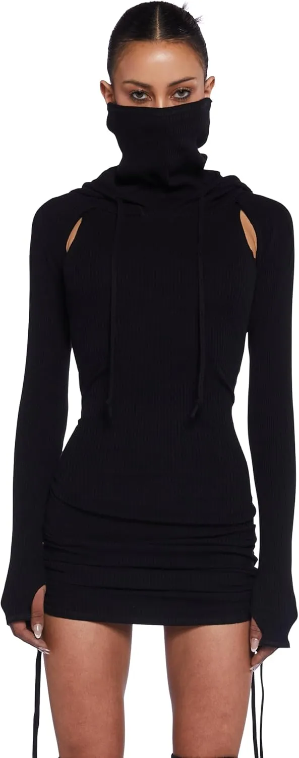 Dolls Kill Compression Ruched Mini Dress by Darker WAVS  Stretchy Hooded Mini Dress with Racerback Cut-Out & Adjustable Ties