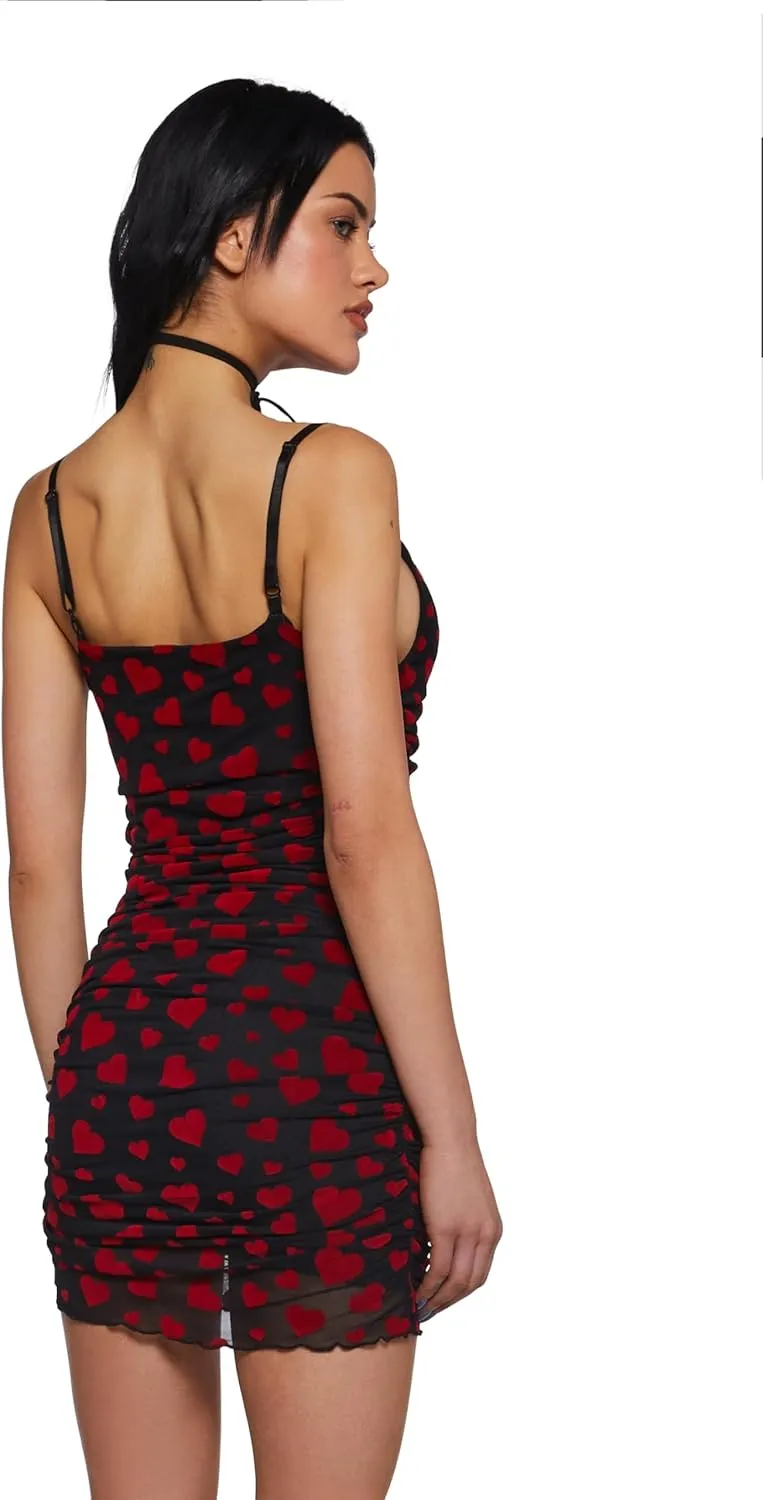 Dolls Kill Noir Rise and Fall Mesh Dress by Sugar Thrillz  Ruched Mini Dress with Heart Print & Lettuce Trim