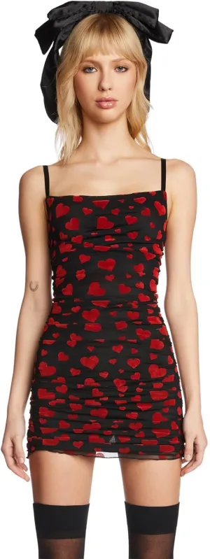 Dolls Kill Noir Rise and Fall Mesh Dress by Sugar Thrillz  Ruched Mini Dress with Heart Print & Lettuce Trim
