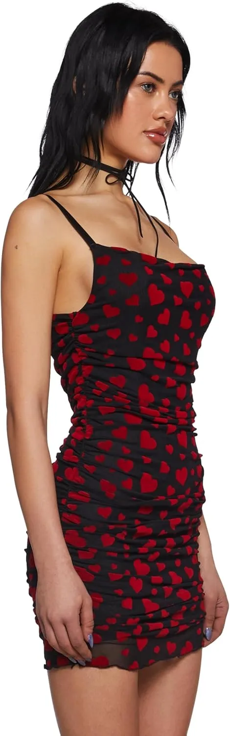 Dolls Kill Noir Rise and Fall Mesh Dress by Sugar Thrillz  Ruched Mini Dress with Heart Print & Lettuce Trim