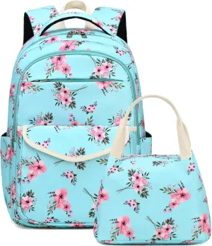 DSIUE Backpack for School Girls Elementary Kids School Bag Back Pack with Lunch Box, Bouquet Green