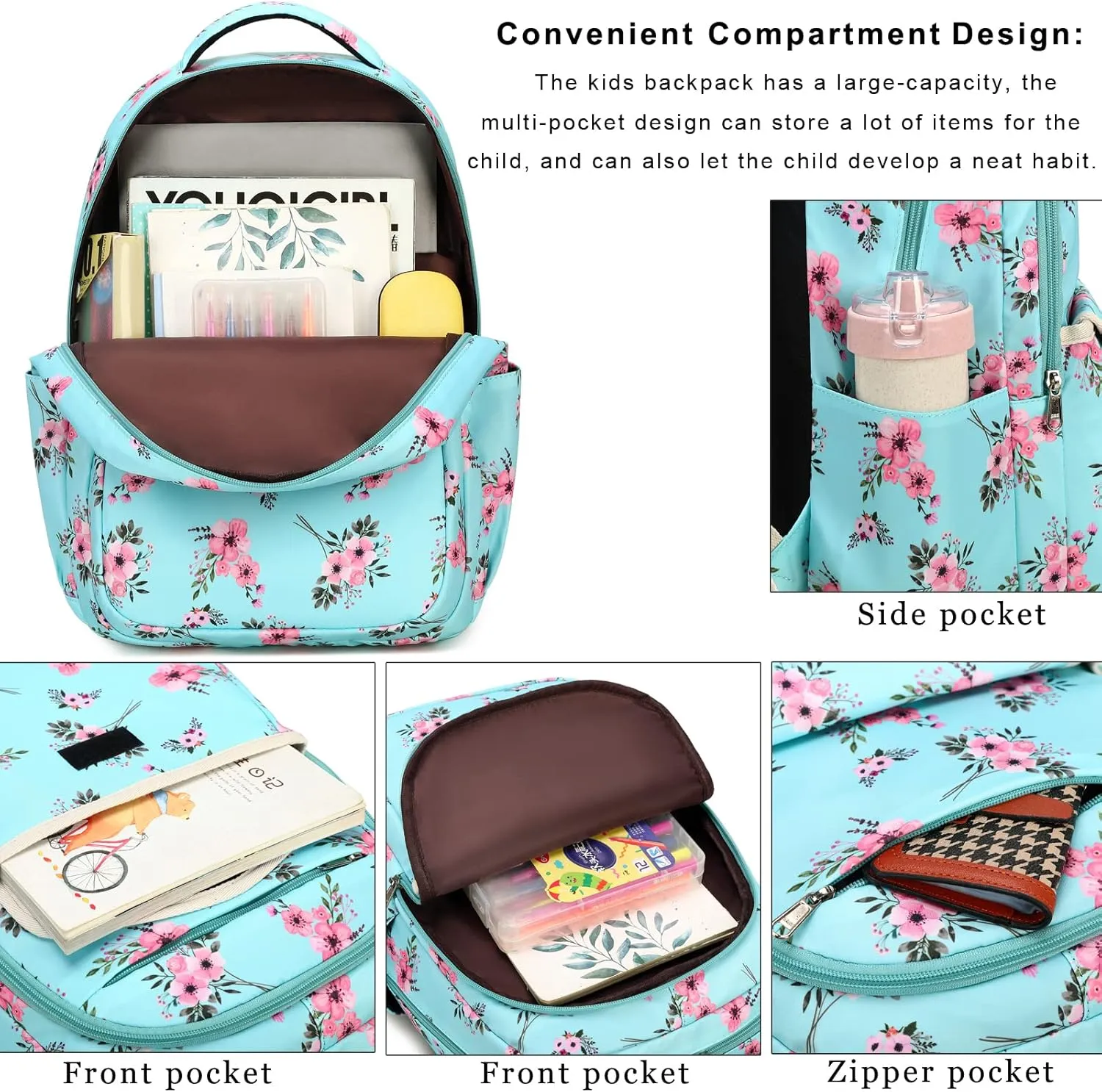 DSIUE Backpack for School Girls Elementary Kids School Bag Back Pack with Lunch Box, Bouquet Green