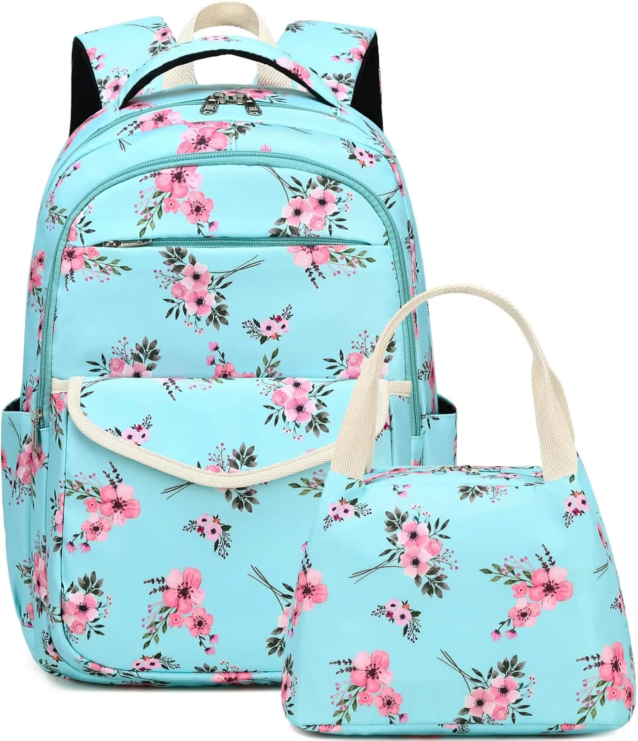 DSIUE Backpack for School Girls Elementary Kids School Bag Back Pack with Lunch Box, Bouquet Green