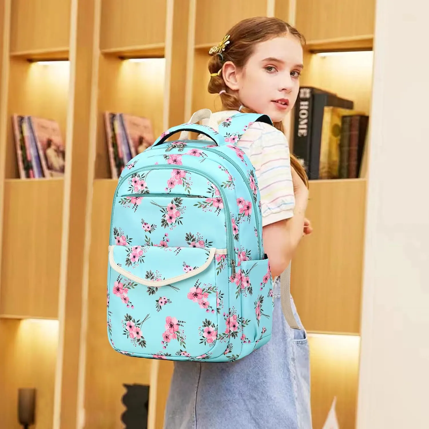 DSIUE Backpack for School Girls Elementary Kids School Bag Back Pack with Lunch Box, Bouquet Green