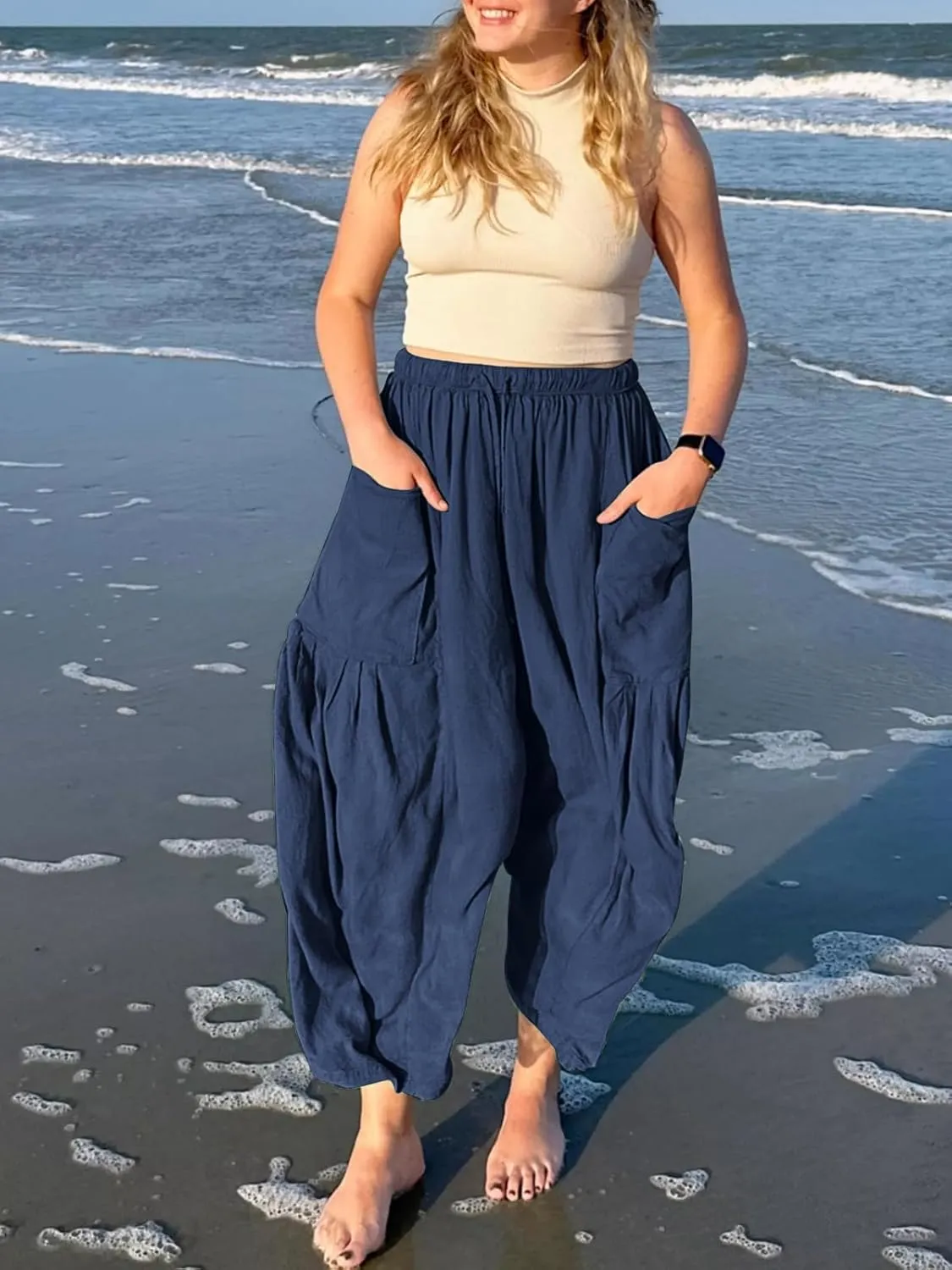 Ecokauer Women's Casual Palazzo Pants Drawstring Pleated Elastic Waist Loose Lounge Wide Leg Trousers with Pockets