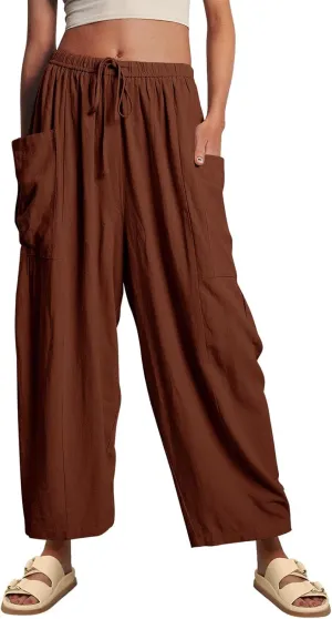Ecokauer Women's Casual Palazzo Pants Drawstring Pleated Elastic Waist Loose Lounge Wide Leg Trousers with Pockets