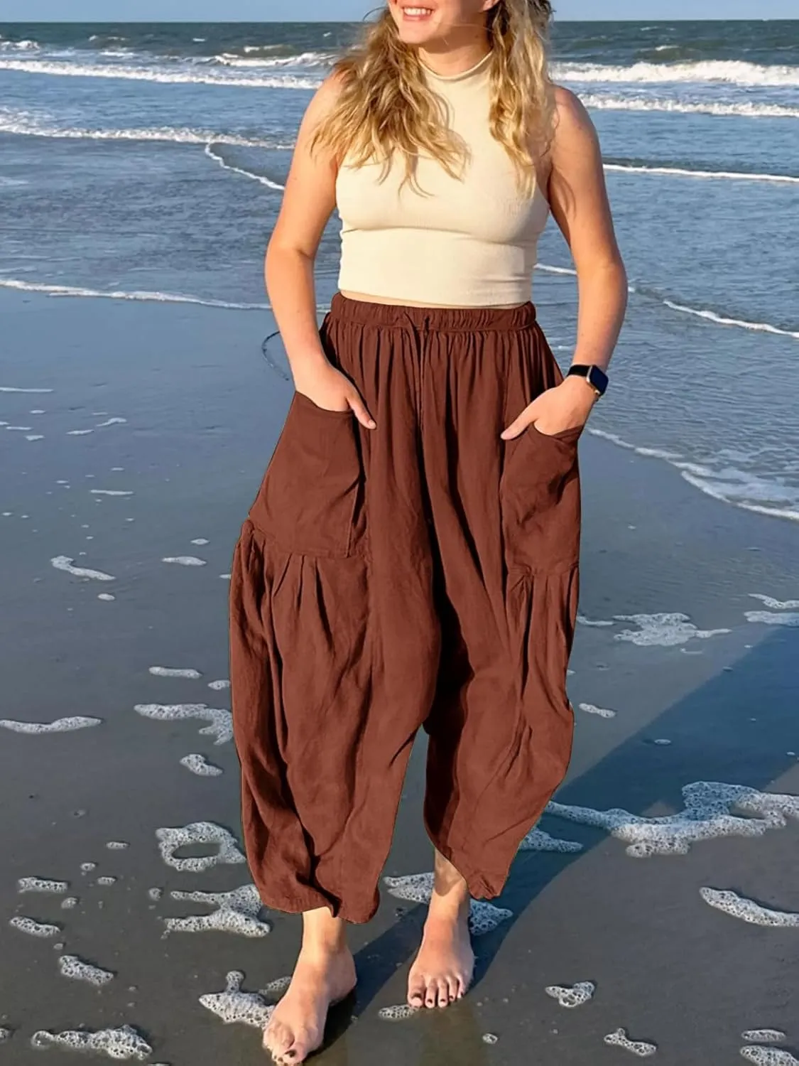 Ecokauer Women's Casual Palazzo Pants Drawstring Pleated Elastic Waist Loose Lounge Wide Leg Trousers with Pockets