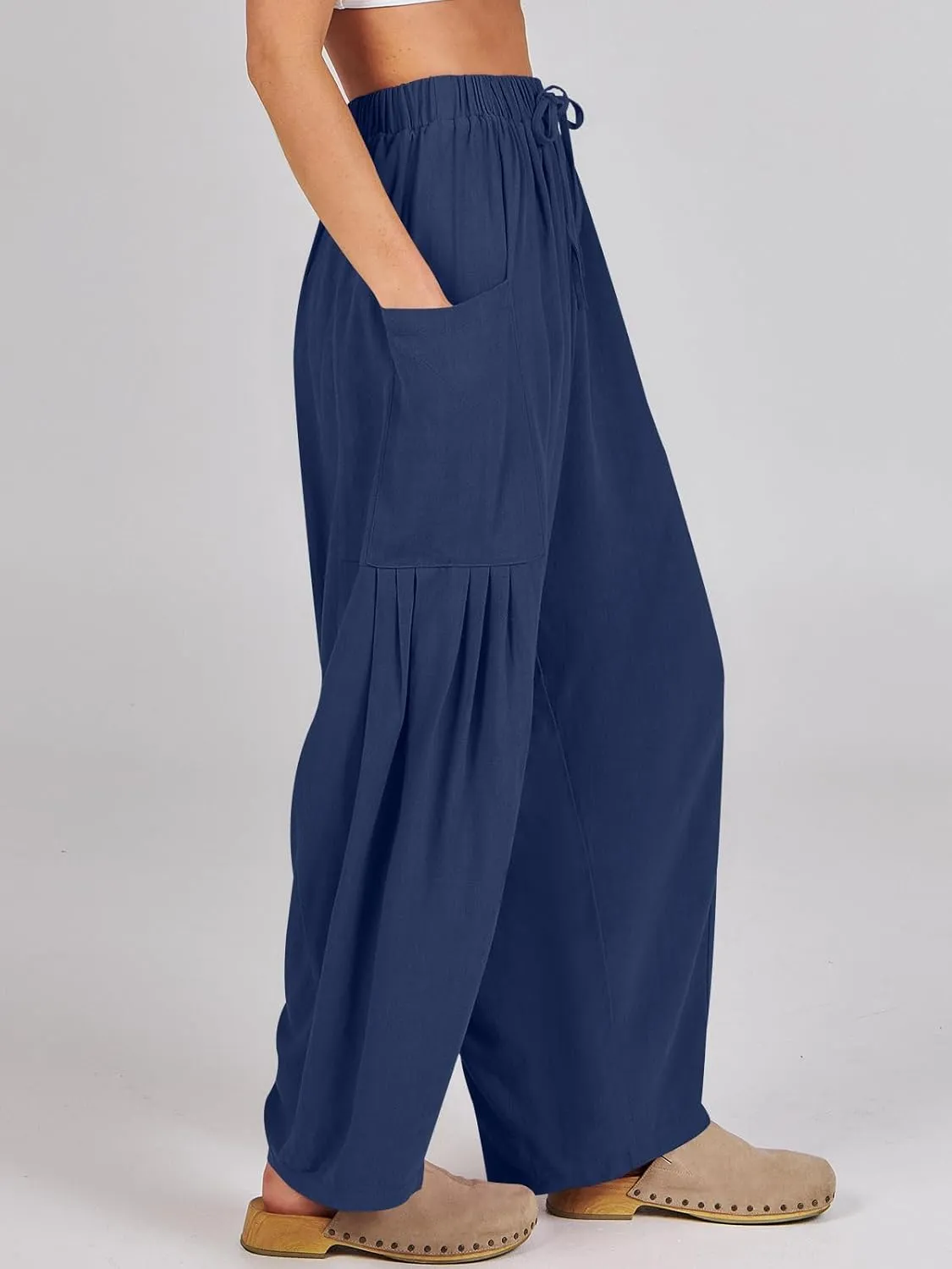 Ecokauer Women's Casual Palazzo Pants Drawstring Pleated Elastic Waist Loose Lounge Wide Leg Trousers with Pockets