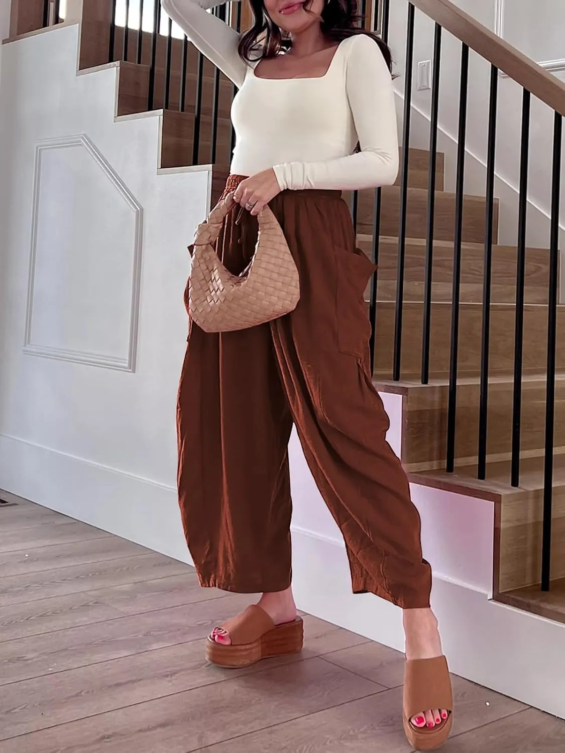 Ecokauer Women's Casual Palazzo Pants Drawstring Pleated Elastic Waist Loose Lounge Wide Leg Trousers with Pockets