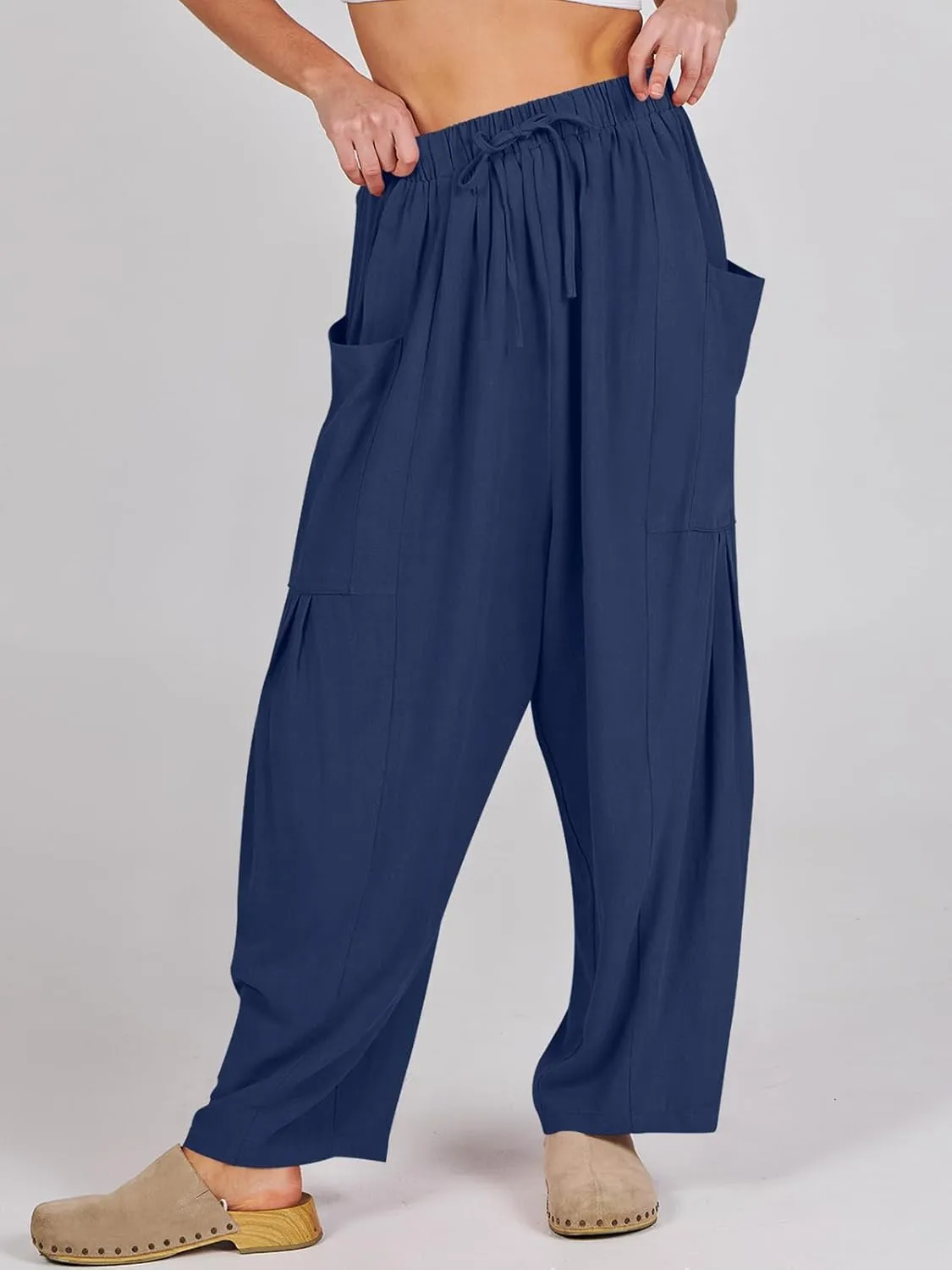 Ecokauer Women's Casual Palazzo Pants Drawstring Pleated Elastic Waist Loose Lounge Wide Leg Trousers with Pockets
