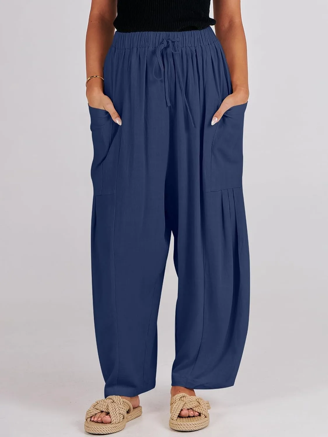 Ecokauer Women's Casual Palazzo Pants Drawstring Pleated Elastic Waist Loose Lounge Wide Leg Trousers with Pockets