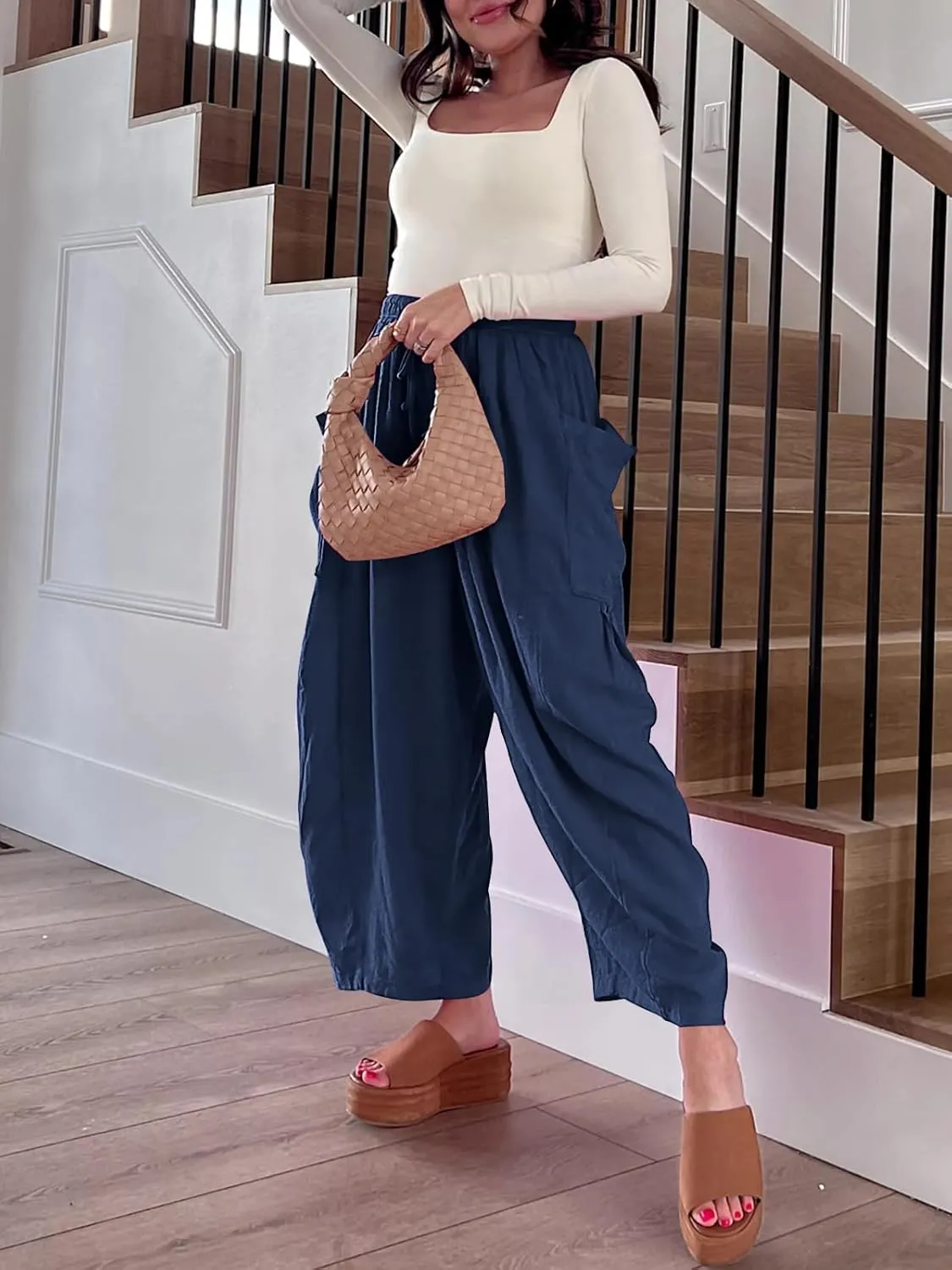 Ecokauer Women's Casual Palazzo Pants Drawstring Pleated Elastic Waist Loose Lounge Wide Leg Trousers with Pockets