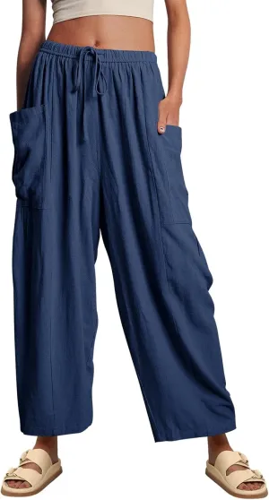 Ecokauer Women's Casual Palazzo Pants Drawstring Pleated Elastic Waist Loose Lounge Wide Leg Trousers with Pockets