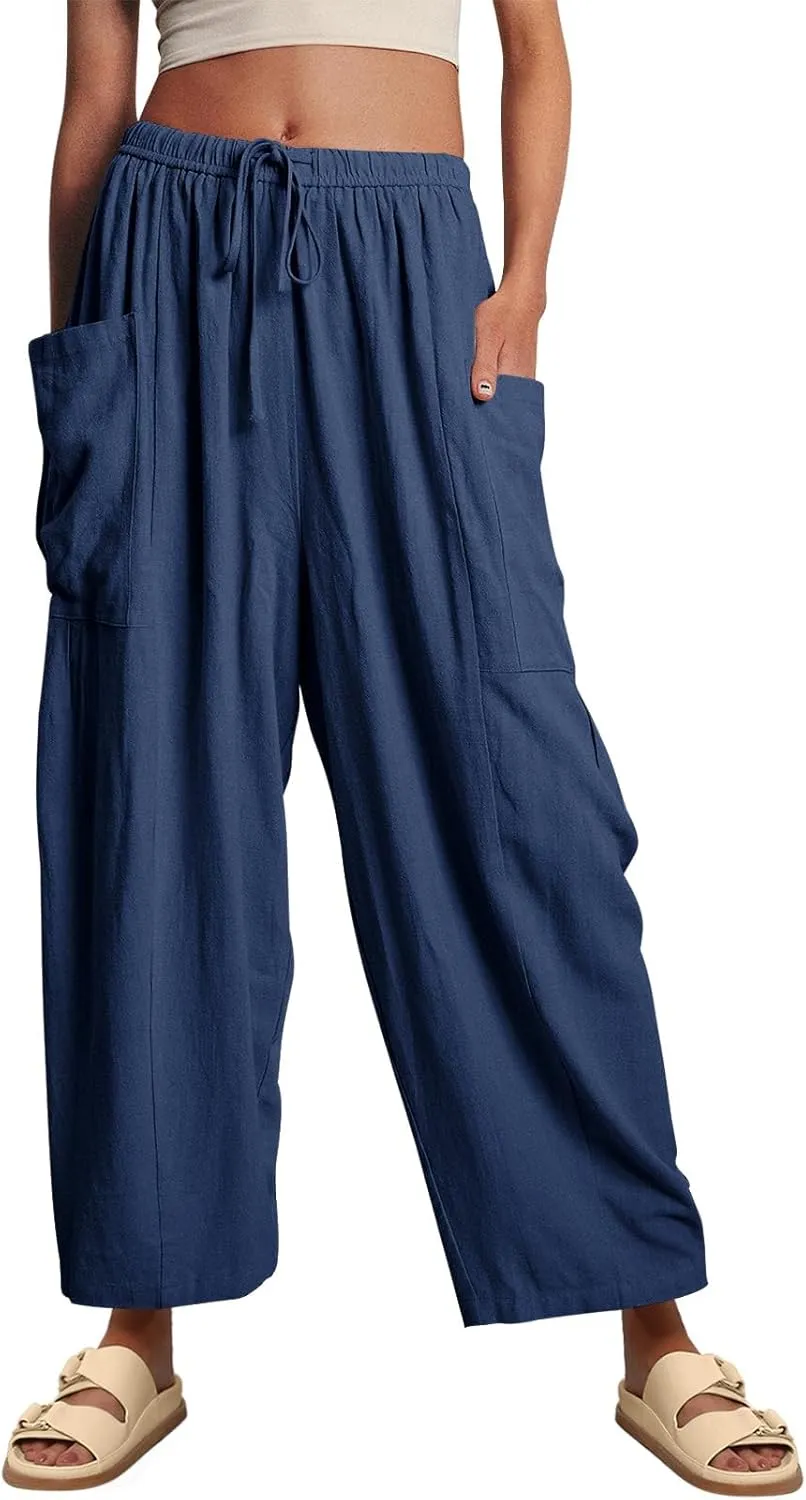 Ecokauer Women's Casual Palazzo Pants Drawstring Pleated Elastic Waist Loose Lounge Wide Leg Trousers with Pockets
