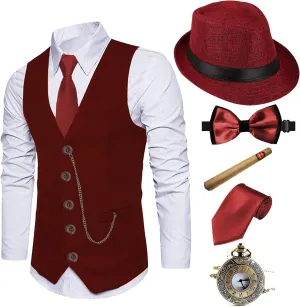 EFORLED 1920s Mens Costume Fedora Hat,Gatsby Gangster Vest,Vintage Pocket Watch,Pre Tied Bow Tie,Tie