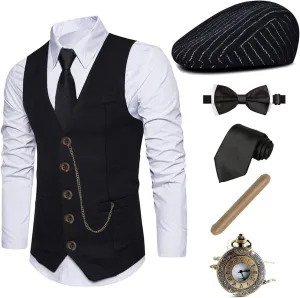 EFORLED 1920s Mens Costume Fedora Hat,Gatsby Gangster Vest,Vintage Pocket Watch,Pre Tied Bow Tie,Tie