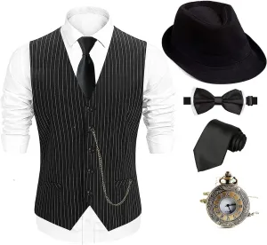 EFORLED 1920s Mens Costume Fedora Hat,Gatsby Gangster Vest,Vintage Pocket Watch,Pre Tied Bow Tie,Tie