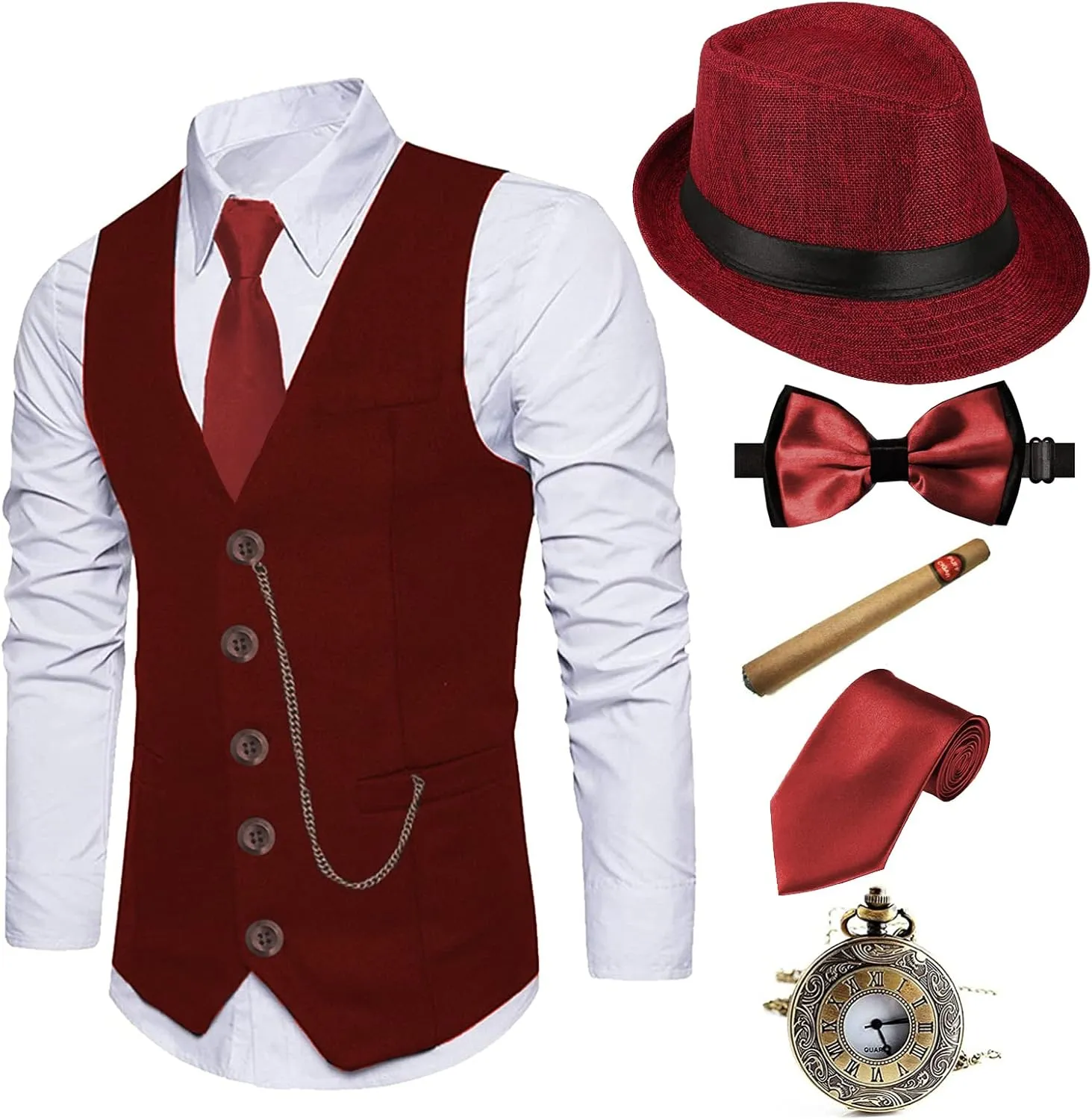EFORLED 1920s Mens Costume Fedora Hat,Gatsby Gangster Vest,Vintage Pocket Watch,Pre Tied Bow Tie,Tie