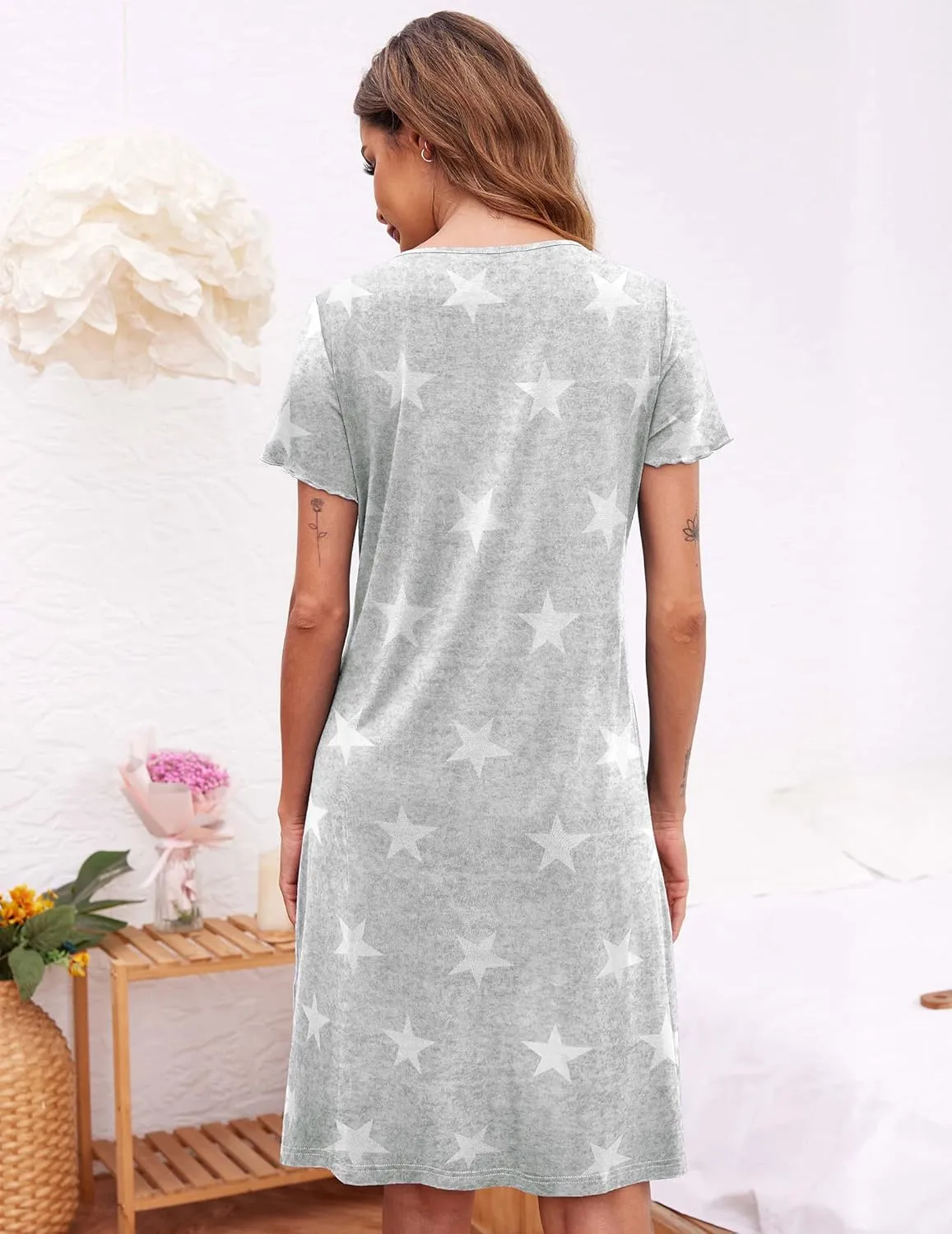 Ekouaer 3 Pack Women's Button Down Nightgowns Short Sleeve Night Shirts for Women Sleepwear V Neck Sleep Dress
