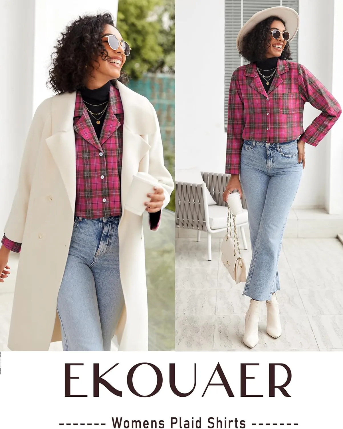 Ekouaer Pajamas Set for Womens 2 Piece Cotton Plaid Loungewear Long Sleeve Sleepwear Soft Button Down Shirts Pjs with Pockets