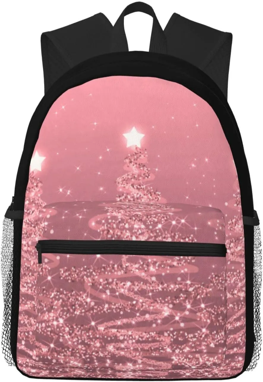Elegant Christmas Sparkling Trees Rose Gold Casual Backpack  Lightweight Travel Daypack, Multi-Pocket Laptop Hiking Bag, Durable Polyester Pack For Outdoor Camping Cycling