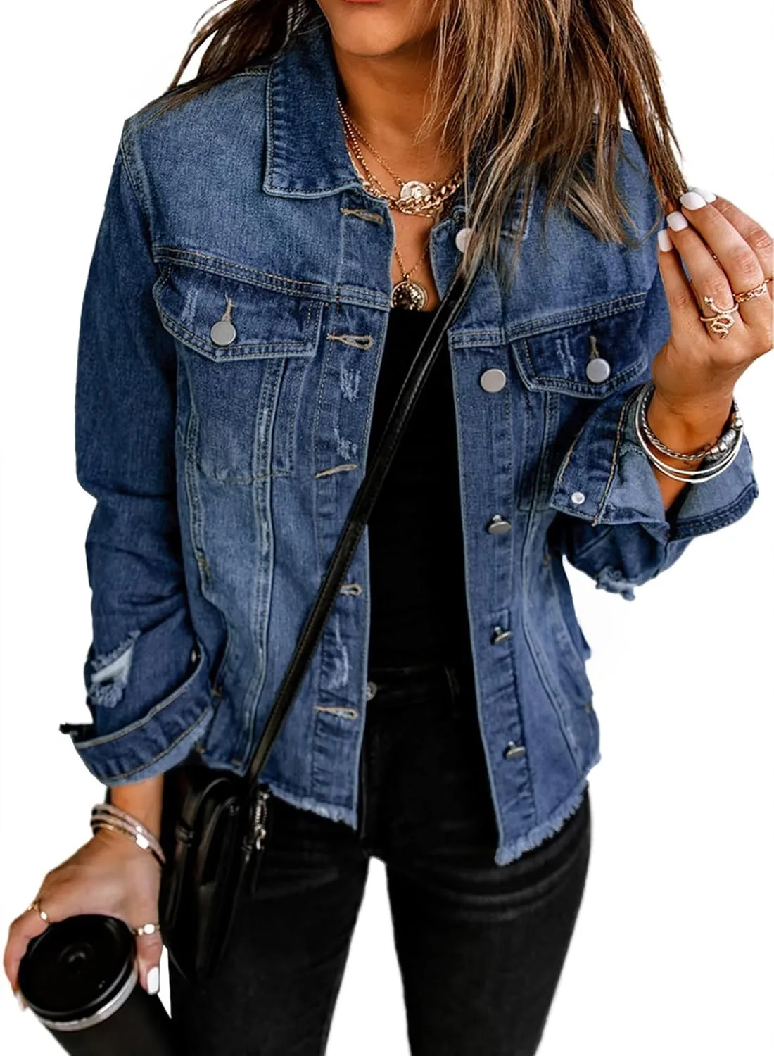 EVALESS Womens Boyfriend Washed Crop Denim Jean Jacket Coat