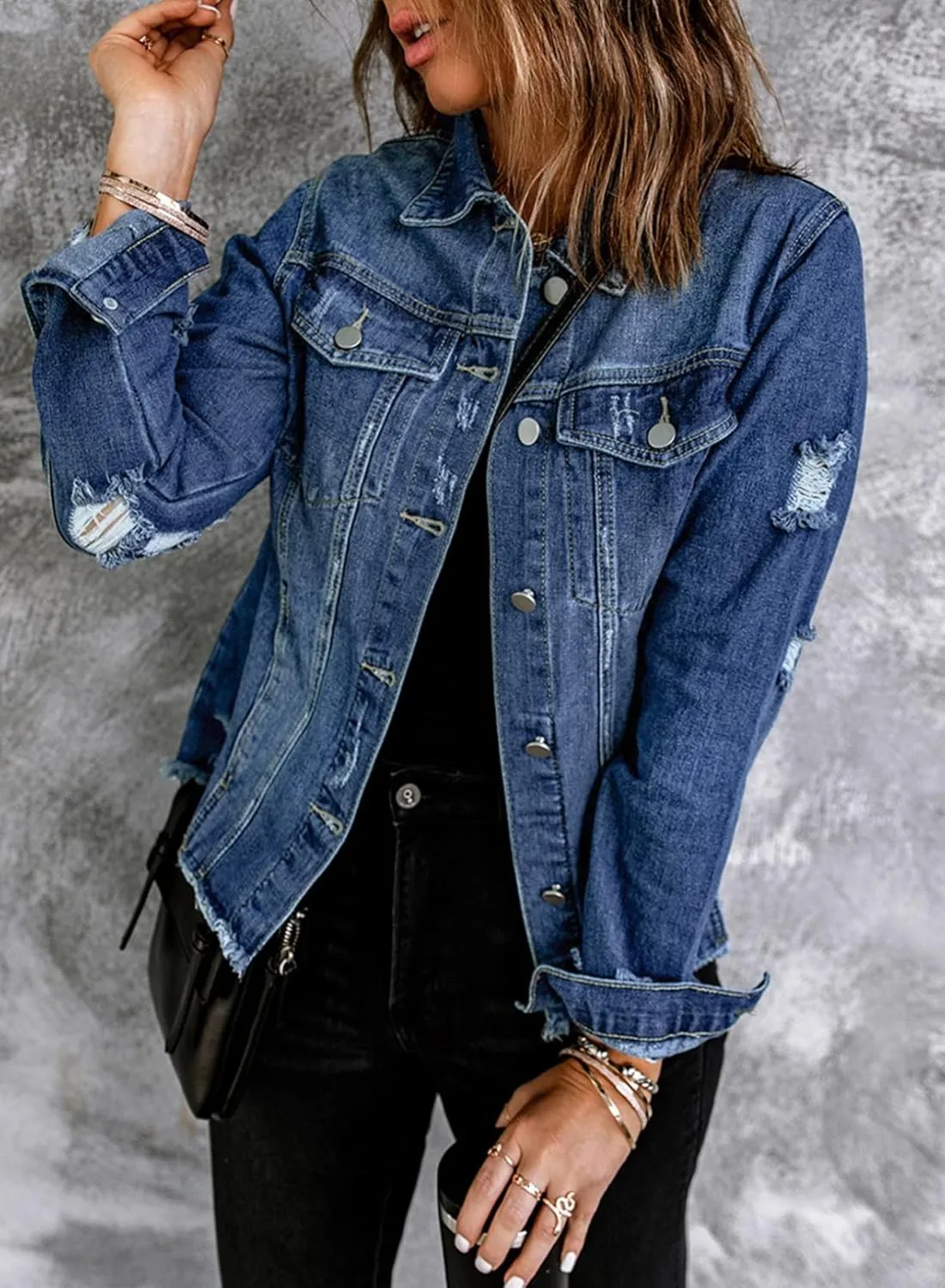 EVALESS Womens Boyfriend Washed Crop Denim Jean Jacket Coat