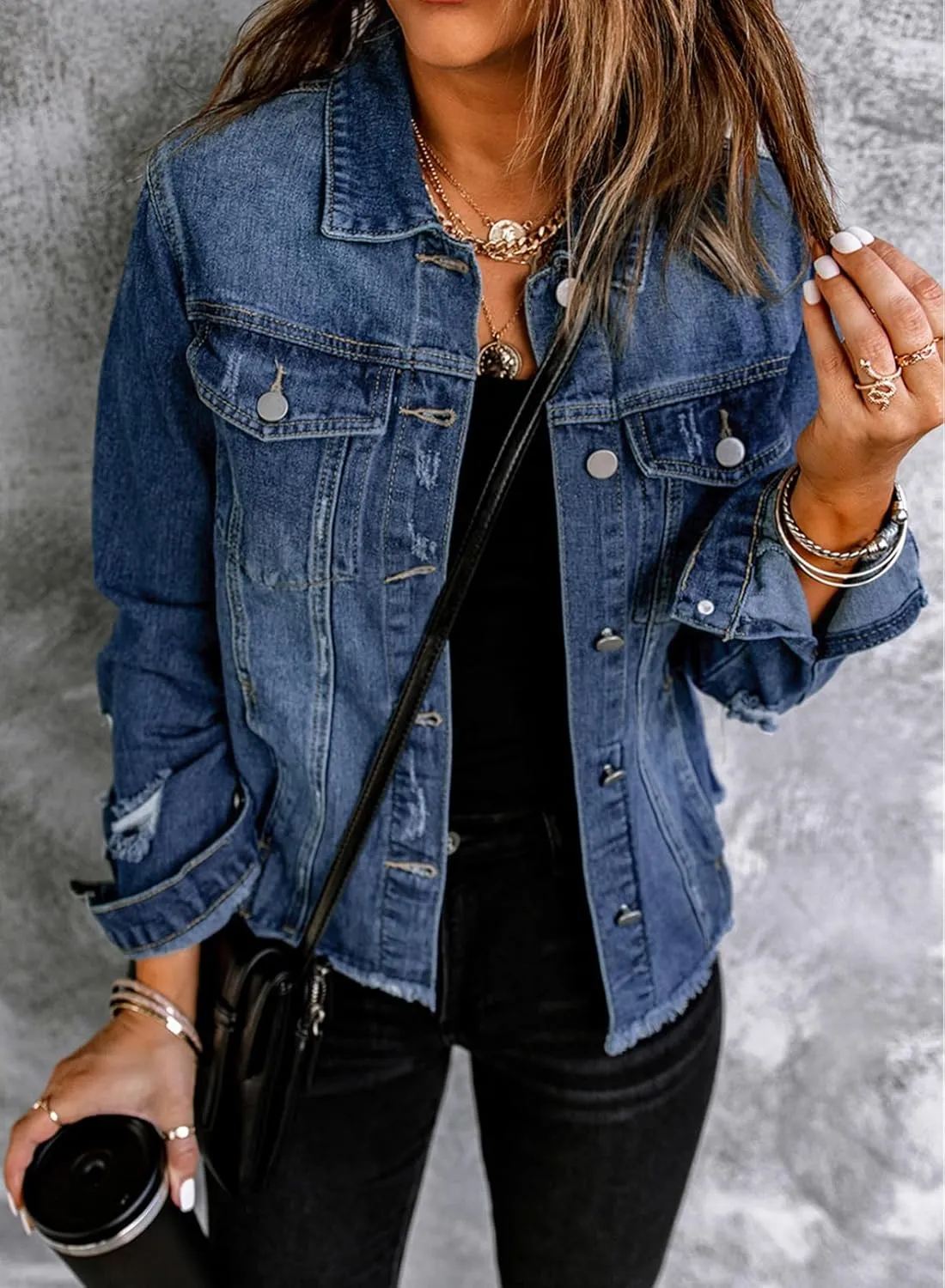 EVALESS Womens Boyfriend Washed Crop Denim Jean Jacket Coat