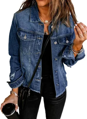 EVALESS Womens Boyfriend Washed Crop Denim Jean Jacket Coat